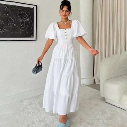 Elegant Square Neck New In Dresses For Women Vintage Short Sleeve A-Line Long Dress Backless Office Ladies White Midi Dress