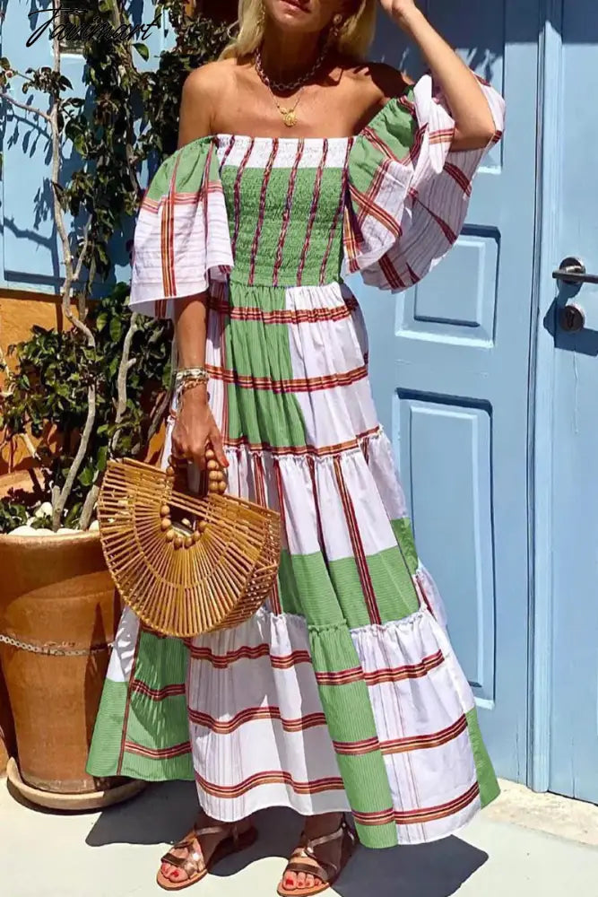 Elegant Stripe Printed Dresses Summer Women Dress New Slash Neck Short Ruffled Flare Sleeves Large Swing Maxi Dress