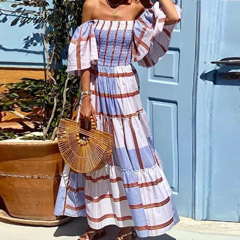 Elegant Stripe Printed Dresses Summer Women Dress New Slash Neck Short Ruffled Flare Sleeves Large Swing Maxi Dress