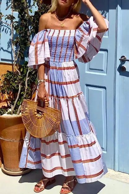 Elegant Stripe Printed Dresses Summer Women Dress New Slash Neck Short Ruffled Flare Sleeves Large Swing Maxi Dress