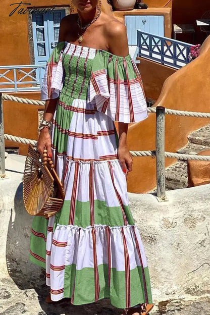 Elegant Stripe Printed Dresses Summer Women Dress New Slash Neck Short Ruffled Flare Sleeves Large Swing Maxi Dress