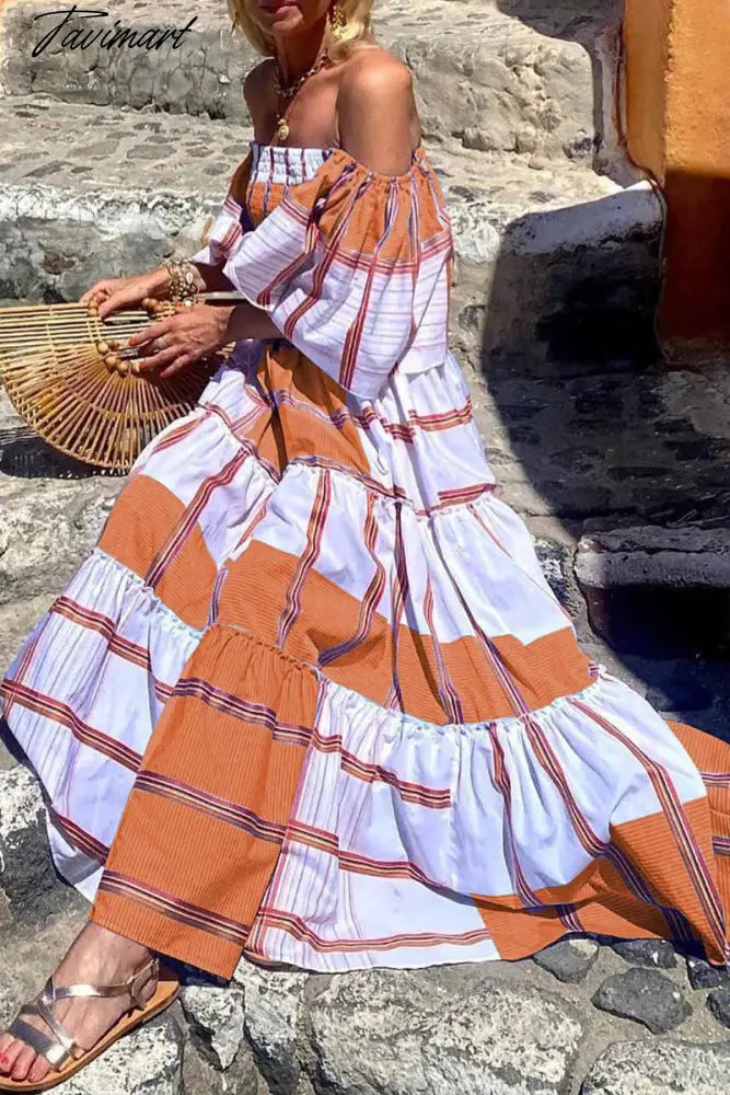 Elegant Stripe Printed Dresses Summer Women Dress New Slash Neck Short Ruffled Flare Sleeves Large Swing Maxi Dress