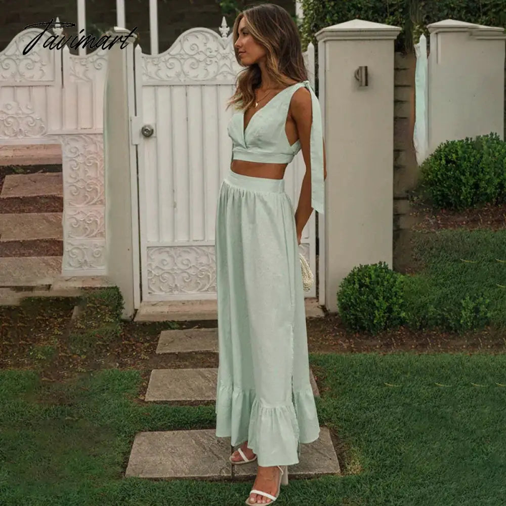 Elegant V-Neck Lace Up Split A-Line Summer Dress Sets Sexy Backless New In Skirt Sets Holiday Beach Set Womens 2 Piece