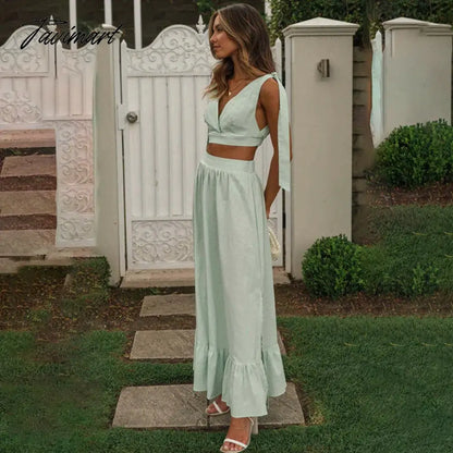 Elegant V-Neck Lace Up Split A-Line Summer Dress Sets Sexy Backless New In Skirt Sets Holiday Beach Set Womens 2 Piece