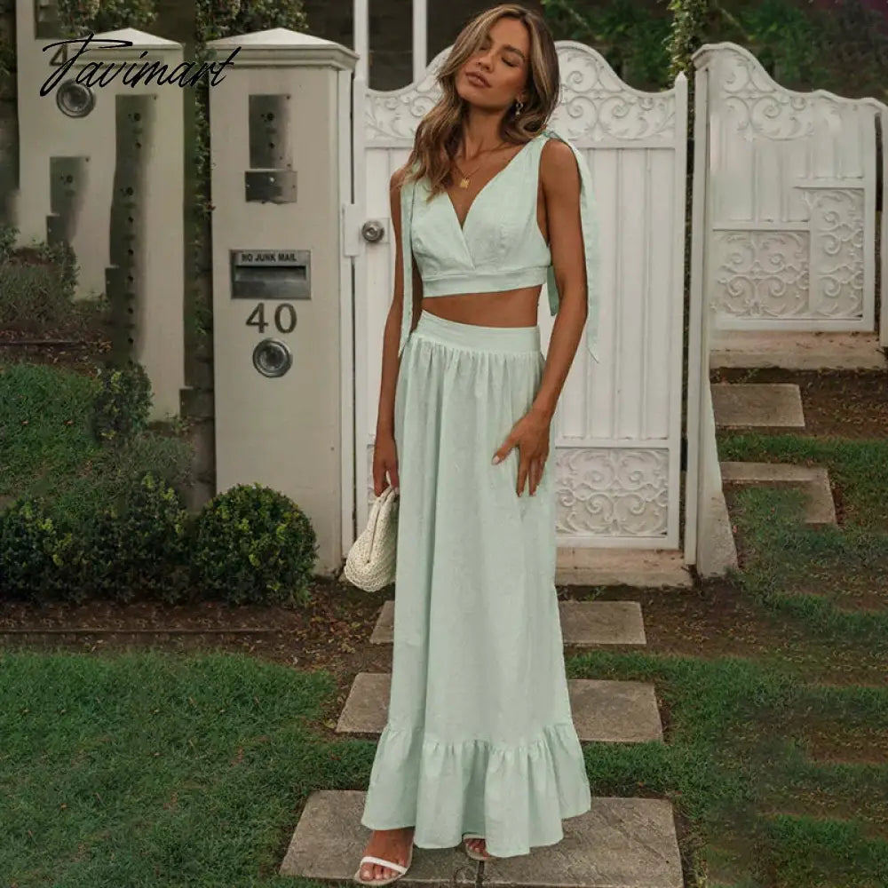 Elegant V-Neck Lace Up Split A-Line Summer Dress Sets Sexy Backless New In Skirt Sets Holiday Beach Set Womens 2 Piece