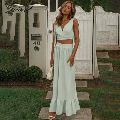 Elegant V-Neck Lace Up Split A-Line Summer Dress Sets Sexy Backless New In Skirt Sets Holiday Beach Set Womens 2 Piece
