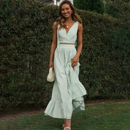 Elegant V-Neck Lace Up Split A-Line Summer Dress Sets Sexy Backless New In Skirt Sets Holiday Beach Set Womens 2 Piece