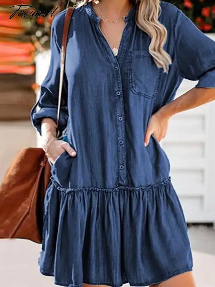 Elegant V Neck Mini Dresses For Women Ladies Loose Solid Pocket Denim Dress Spring Autumn Long Sleeve Casual Short Dress