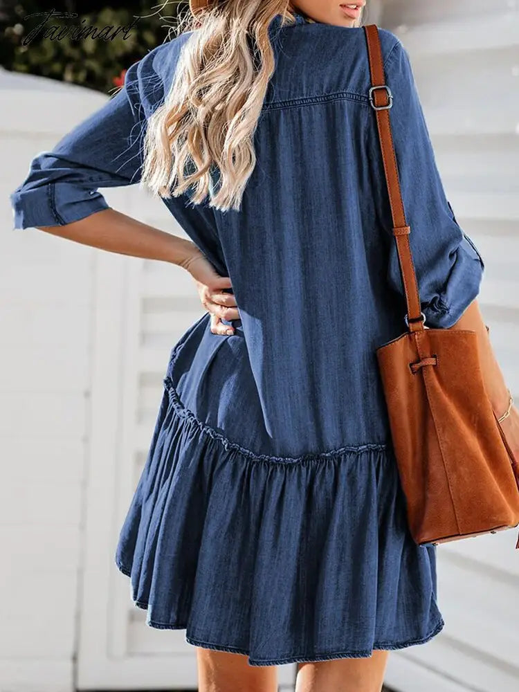 Elegant V Neck Mini Dresses For Women Ladies Loose Solid Pocket Denim Dress Spring Autumn Long Sleeve Casual Short Dress