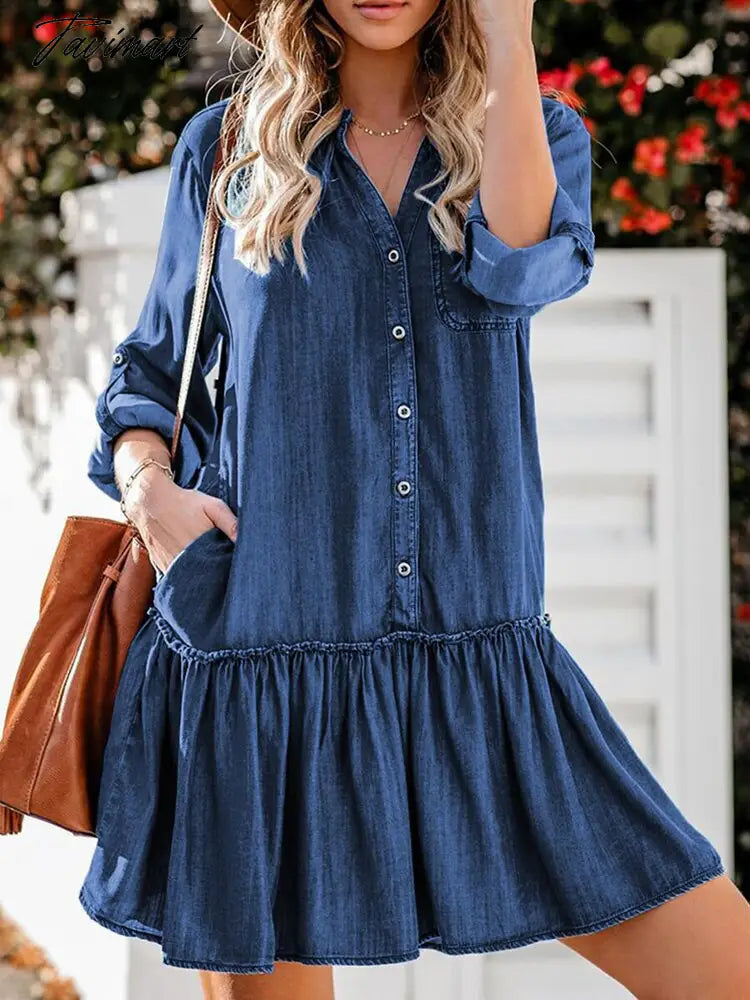 Elegant V Neck Mini Dresses For Women Ladies Loose Solid Pocket Denim Dress Spring Autumn Long Sleeve Casual Short Dress