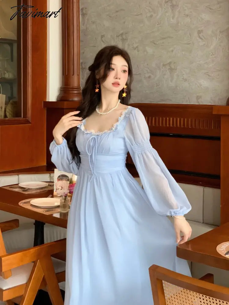 Elegant Women Chiffon Casual Slim Square Collar Dress Korean Female Full Sleeve Waisted Maxi Dresses Vestidos Summer DS100