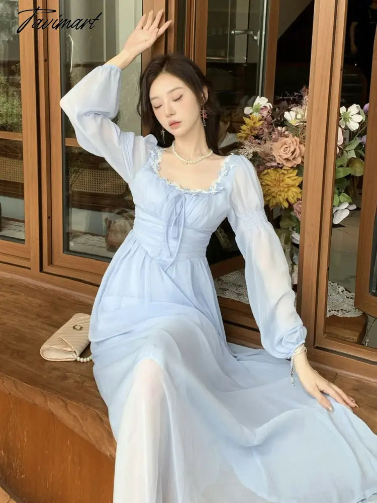 Elegant Women Chiffon Casual Slim Square Collar Dress Korean Female Full Sleeve Waisted Maxi Dresses Vestidos Summer DS100
