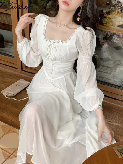 Elegant Women Chiffon Casual Slim Square Collar Dress Korean Female Full Sleeve Waisted Maxi Dresses Vestidos Summer DS100