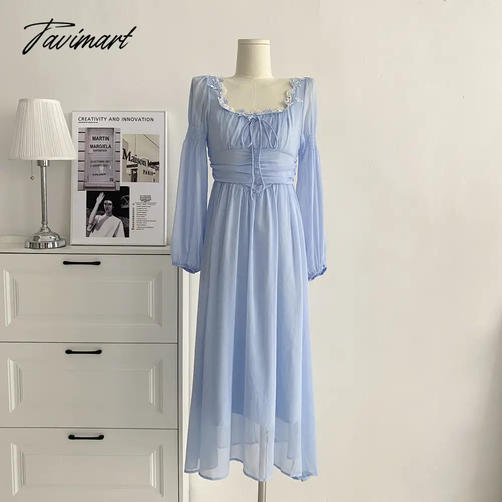 Elegant Women Chiffon Casual Slim Square Collar Dress Korean Female Full Sleeve Waisted Maxi Dresses Vestidos Summer DS100