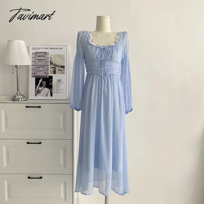 Elegant Women Chiffon Casual Slim Square Collar Dress Korean Female Full Sleeve Waisted Maxi Dresses Vestidos Summer DS100
