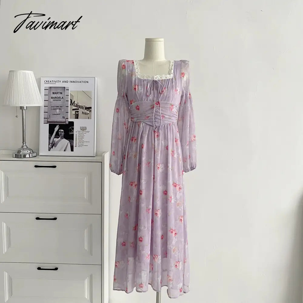 Elegant Women Chiffon Casual Slim Square Collar Dress Korean Female Full Sleeve Waisted Maxi Dresses Vestidos Summer DS100