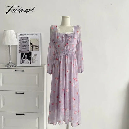 Elegant Women Chiffon Casual Slim Square Collar Dress Korean Female Full Sleeve Waisted Maxi Dresses Vestidos Summer DS100