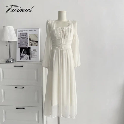 Elegant Women Chiffon Casual Slim Square Collar Dress Korean Female Full Sleeve Waisted Maxi Dresses Vestidos Summer DS100