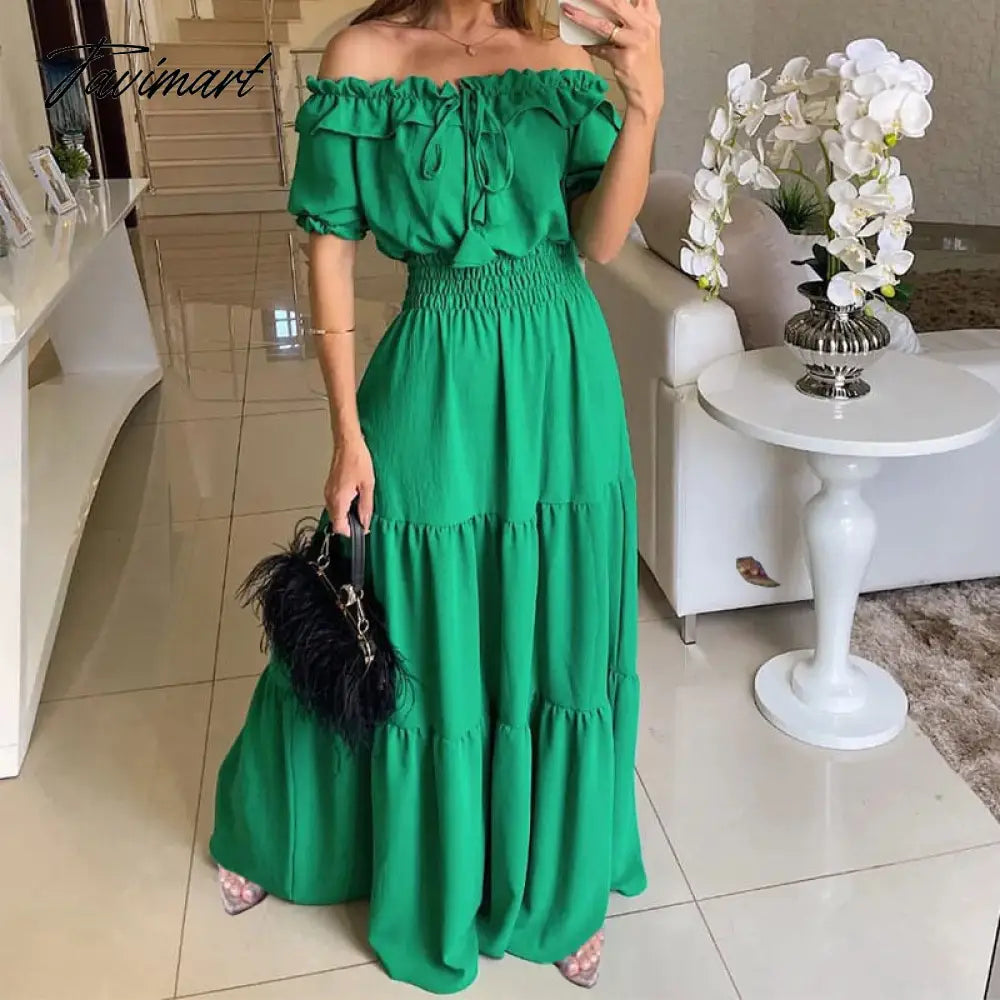 Elegant Women Off Shoulder Dress for Summer Slash Neck Short Sleeve Dress Holiday New Long Maxi Dress for Women's Clothing