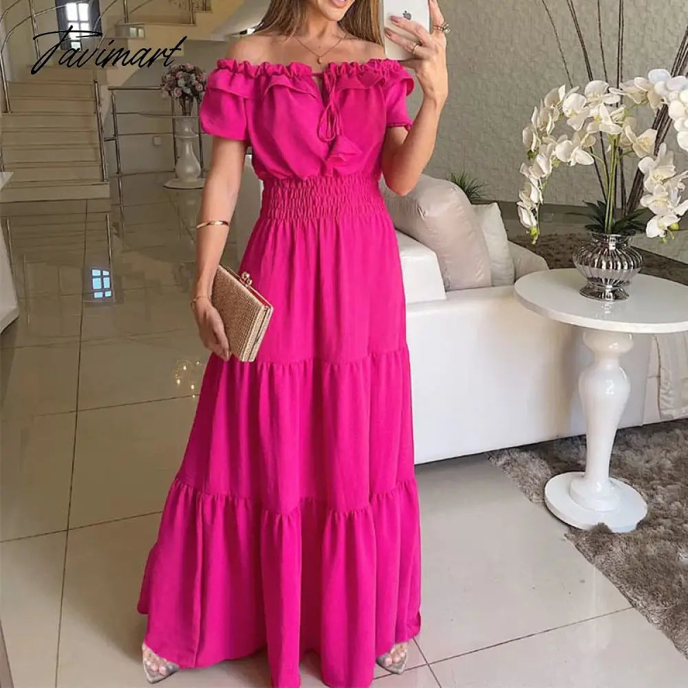Elegant Women Off Shoulder Dress for Summer Slash Neck Short Sleeve Dress Holiday New Long Maxi Dress for Women's Clothing