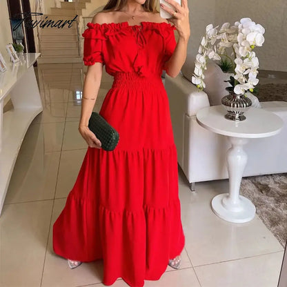 Elegant Women Off Shoulder Dress for Summer Slash Neck Short Sleeve Dress Holiday New Long Maxi Dress for Women's Clothing