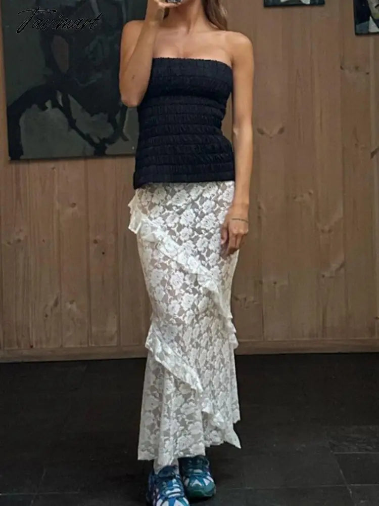 Elegant Women's White Skirts Streetwear Casual Summer Hollow Out Ruffles Long Party Skirt Ladies Evening Party Black Dress