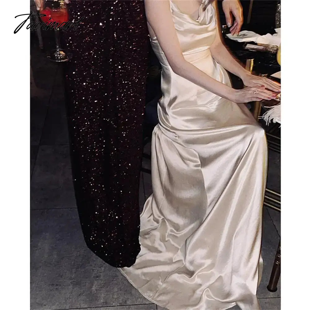 Elegant Women Summer Satin Strap Backless Long Dress Spaghetti Strap Sexy Elegant Evening Dresses Prom Party Gown ODE