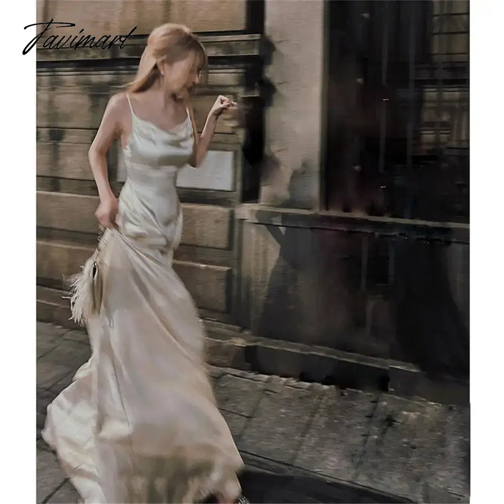 Elegant Women Summer Satin Strap Backless Long Dress Spaghetti Strap Sexy Elegant Evening Dresses Prom Party Gown ODE
