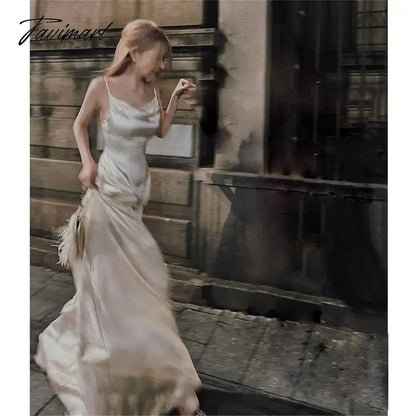 Elegant Women Summer Satin Strap Backless Long Dress Spaghetti Strap Sexy Elegant Evening Dresses Prom Party Gown ODE