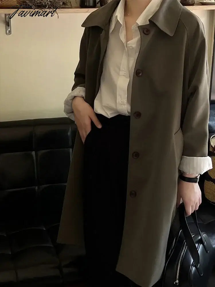 Elegant Women Trench Long Sleeve Korean Fashion Vintage Jackets Loose Casual Lapel Solid Versatile New Autumn Winter Coats