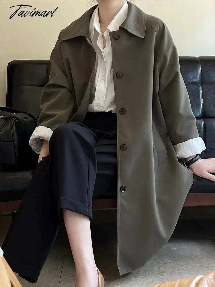 Elegant Women Trench Long Sleeve Korean Fashion Vintage Jackets Loose Casual Lapel Solid Versatile New Autumn Winter Coats