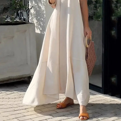 Ellafads Women Maxi Dress Summer Casual Solid Sleeveless V Neck Lace Up Loose Vacation Beach Dresses High Streetwear