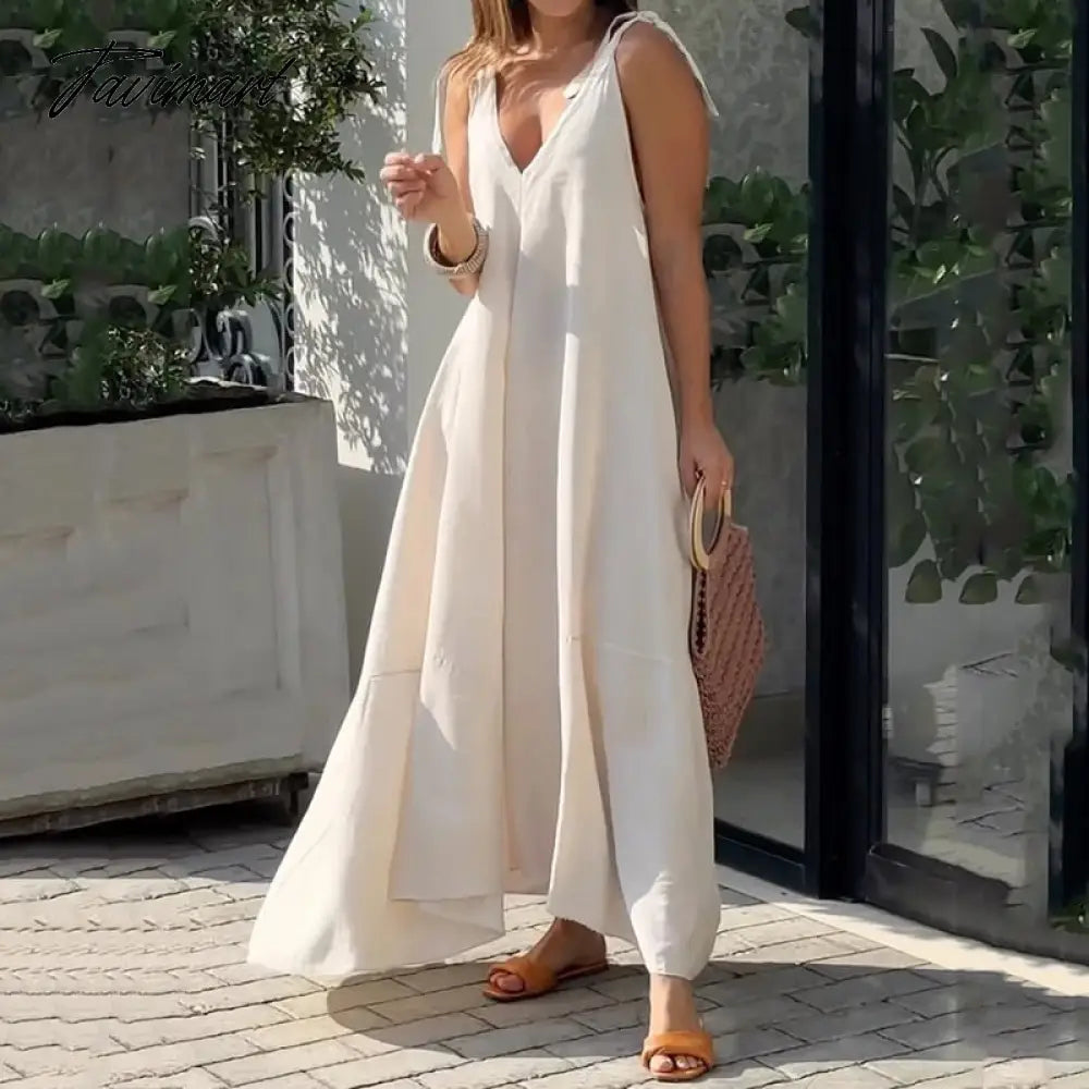 Ellafads Women Maxi Dress Summer Casual Solid Sleeveless V Neck Lace Up Loose Vacation Beach Dresses High Streetwear