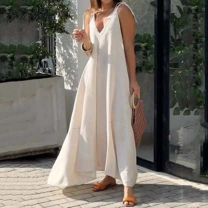 Ellafads Women Maxi Dress Summer Casual Solid Sleeveless V Neck Lace Up Loose Vacation Beach Dresses High Streetwear