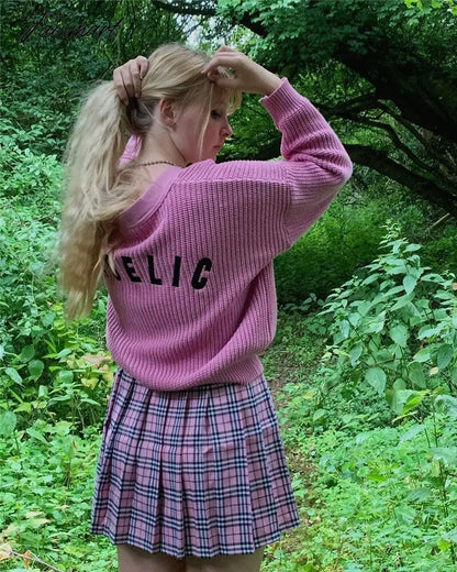 Embroidered Angelic Pink Knitted Cardigan Cozy Loose Fit Front button Sweater Women Soft Girl Moco Pastel Grunge Aesthetic Y2K