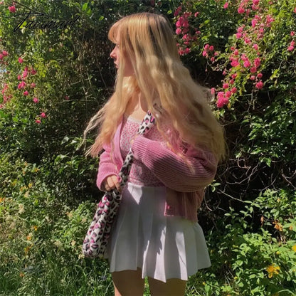Embroidered Angelic Pink Knitted Cardigan Cozy Loose Fit Front button Sweater Women Soft Girl Moco Pastel Grunge Aesthetic Y2K