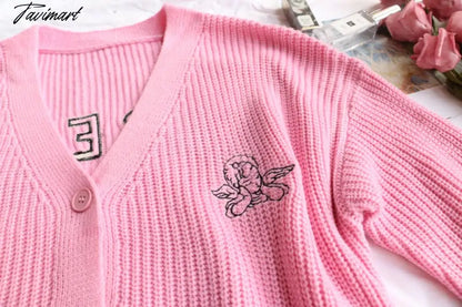 Embroidered Angelic Pink Knitted Cardigan Cozy Loose Fit Front button Sweater Women Soft Girl Moco Pastel Grunge Aesthetic Y2K