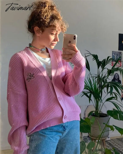 Embroidered Angelic Pink Knitted Cardigan Cozy Loose Fit Front button Sweater Women Soft Girl Moco Pastel Grunge Aesthetic Y2K