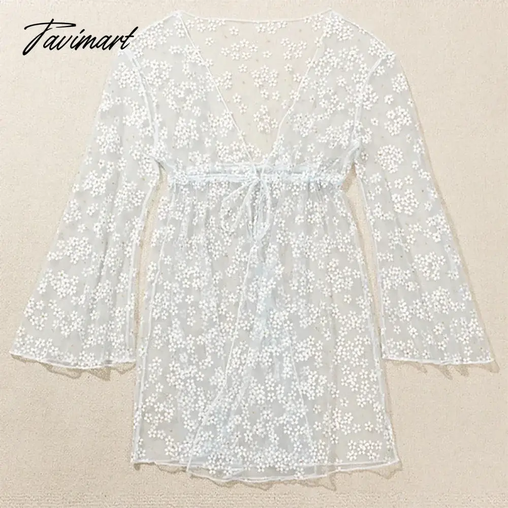 Embroidered See-Through Cardigan Cover-Up Three Piece Bikini Separate Bandeau Micro Monokini Sexy Swimsuit Underwear Swimwear