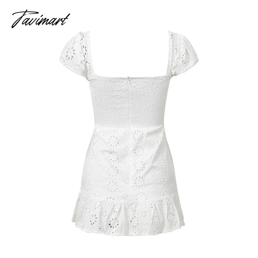 Embroidery Lace White Dress Lace Up Square Collar Ruffles Vintage Princess Dresses Summer Dress Vestidos