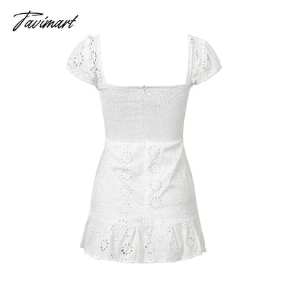 Embroidery Lace White Dress Lace Up Square Collar Ruffles Vintage Princess Dresses Summer Dress Vestidos