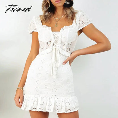Embroidery Lace White Dress Lace Up Square Collar Ruffles Vintage Princess Dresses Summer Dress Vestidos