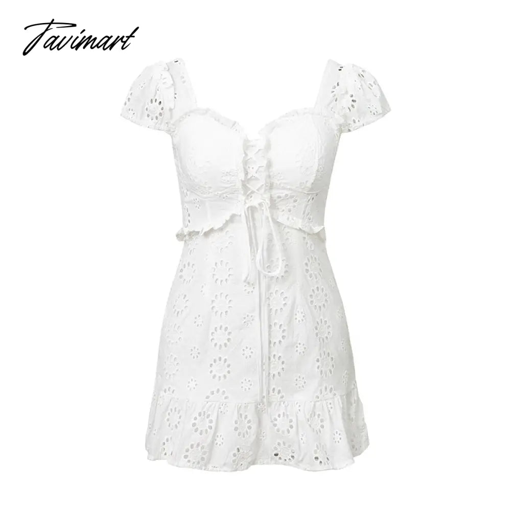 Embroidery Lace White Dress Lace Up Square Collar Ruffles Vintage Princess Dresses Summer Dress Vestidos
