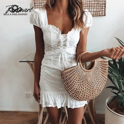 Embroidery Lace White Dress Lace Up Square Collar Ruffles Vintage Princess Dresses Summer Dress Vestidos