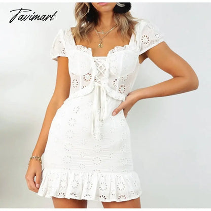 Embroidery Lace White Dress Lace Up Square Collar Ruffles Vintage Princess Dresses Summer Dress Vestidos