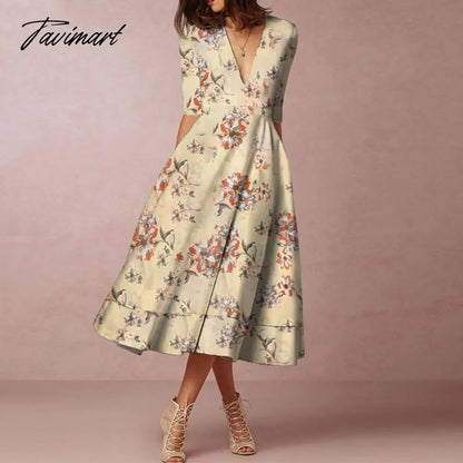 Europe And The United States In The Summer New Women's Fashion Printing V-Neck Dresses In The Long Elegant Hem Dresses Women