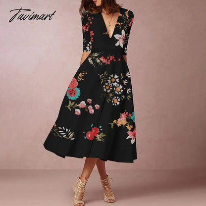 Europe And The United States In The Summer New Women's Fashion Printing V-Neck Dresses In The Long Elegant Hem Dresses Women