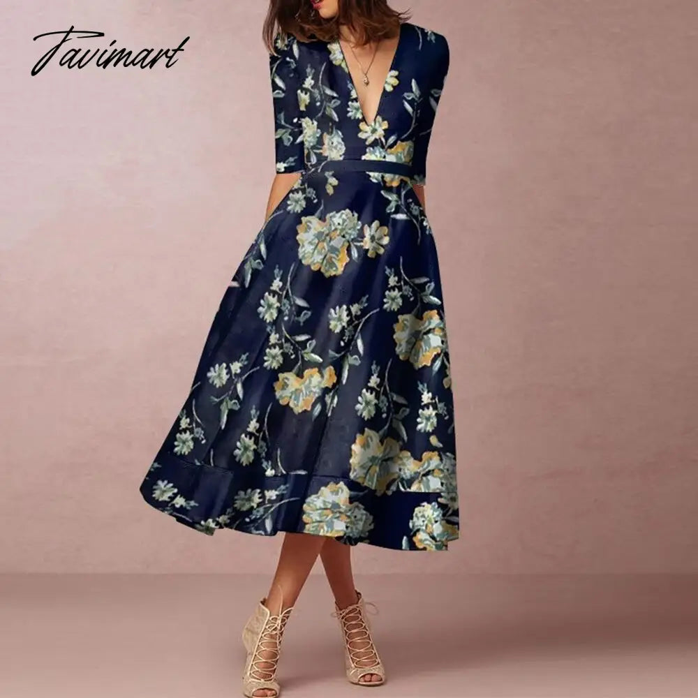 Europe And The United States In The Summer New Women's Fashion Printing V-Neck Dresses In The Long Elegant Hem Dresses Women