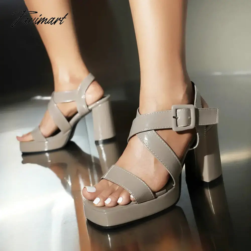 European Style Patent PU Leather Olive Green Burgundy Color Open Toe Wide Strap Designer Women Platform Sandals Block High Heels