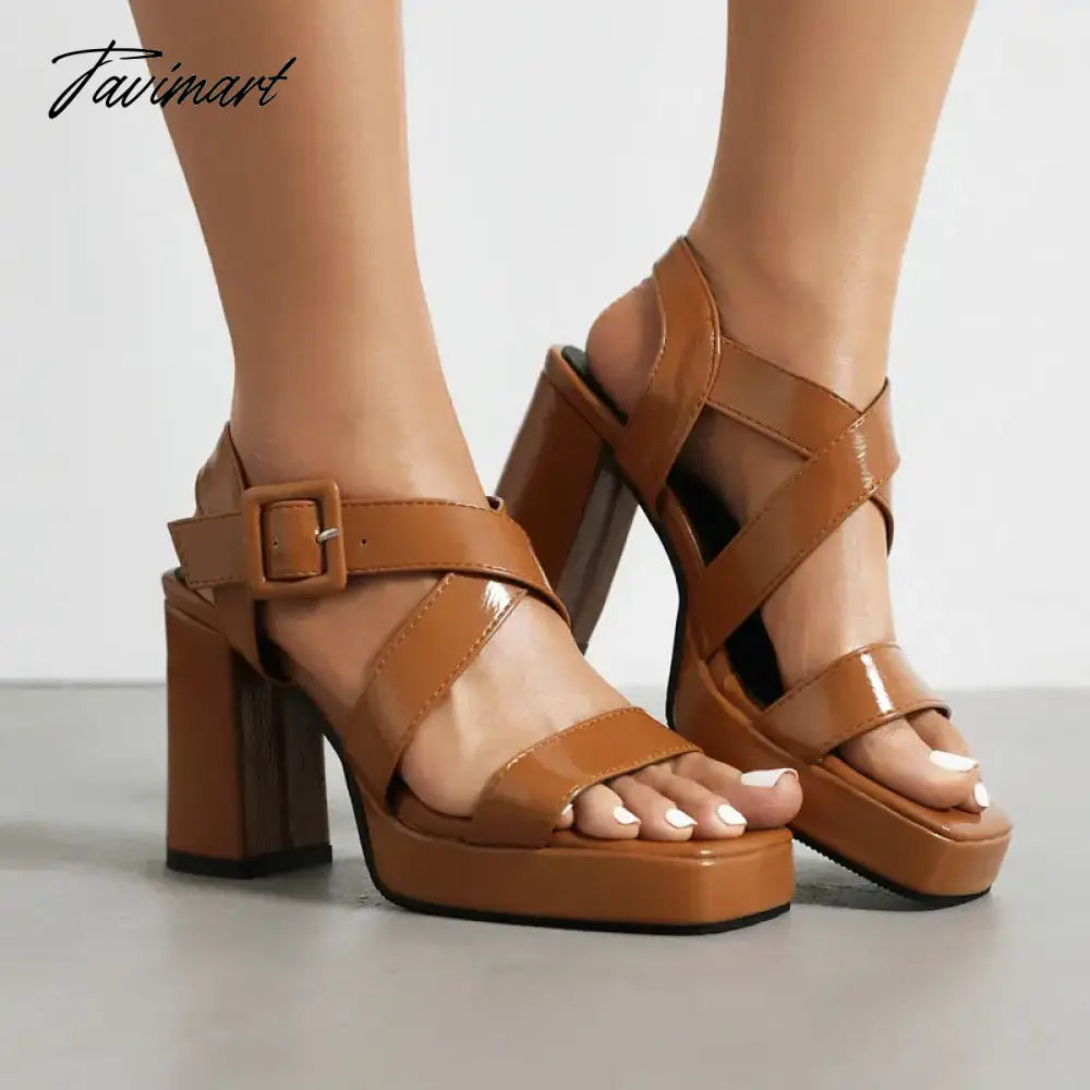 European Style Patent PU Leather Olive Green Burgundy Color Open Toe Wide Strap Designer Women Platform Sandals Block High Heels